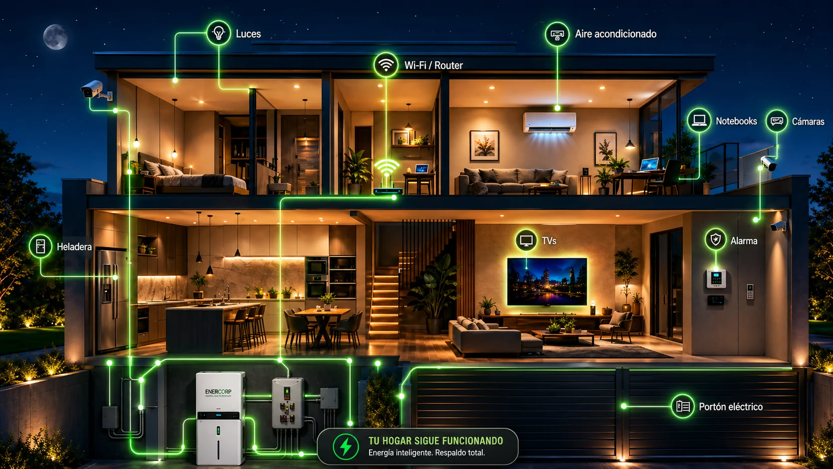 Casa con backup eléctrico Enercorp: luces, Wi-Fi, heladera, cámaras, alarma, TV, aire acondicionado y portón funcionando con baterías